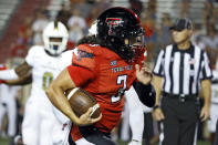 Texas Tech's Henry Colombi (3) runs with the ball during the second half of an NCAA college football game against Florida International, Saturday, Sept. 18, 2021, in Lubbock, Texas. (AP Photo/Brad Tollefson)