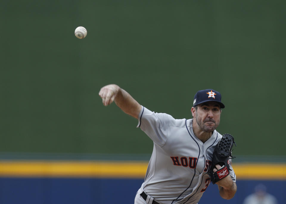 Houston Astros' Justin Verlander pitches during the first inning of a baseball game against the Los Angeles Angels, in Monterrey, Mexico, Sunday, May 5, 2019. (AP Photo/Rebecca Blackwell)