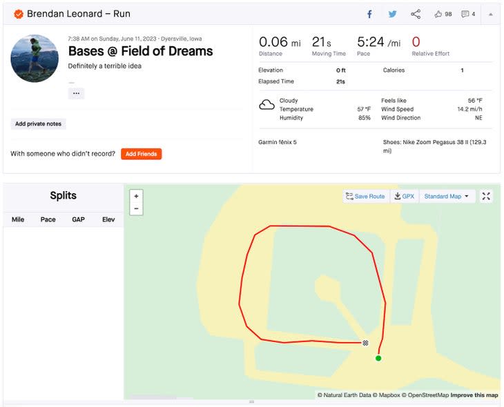 Field of Dreams Strava run