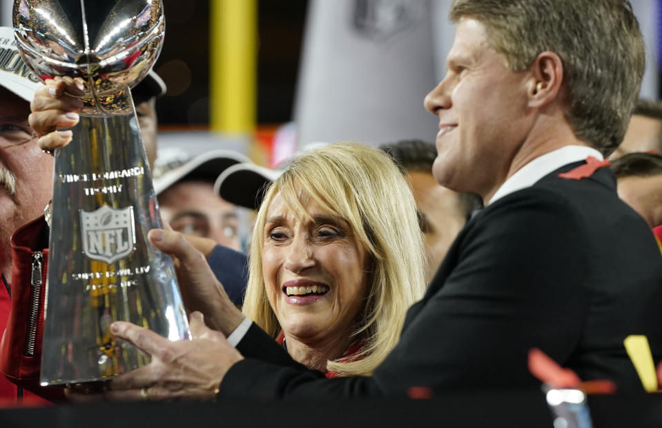 NFL Football - Super Bowl LIV - Kansas City Chiefs v San Francisco 49ers - Hard Rock Stadium, Miami, Florida, U.S. - February 2, 2020  Kansas City Chiefs Chairman Clark Hunt and mother Norma Hunt celebrate with the Vince Lombardi trophy after winning the Super Bowl LIV REUTERS/Mike Blake