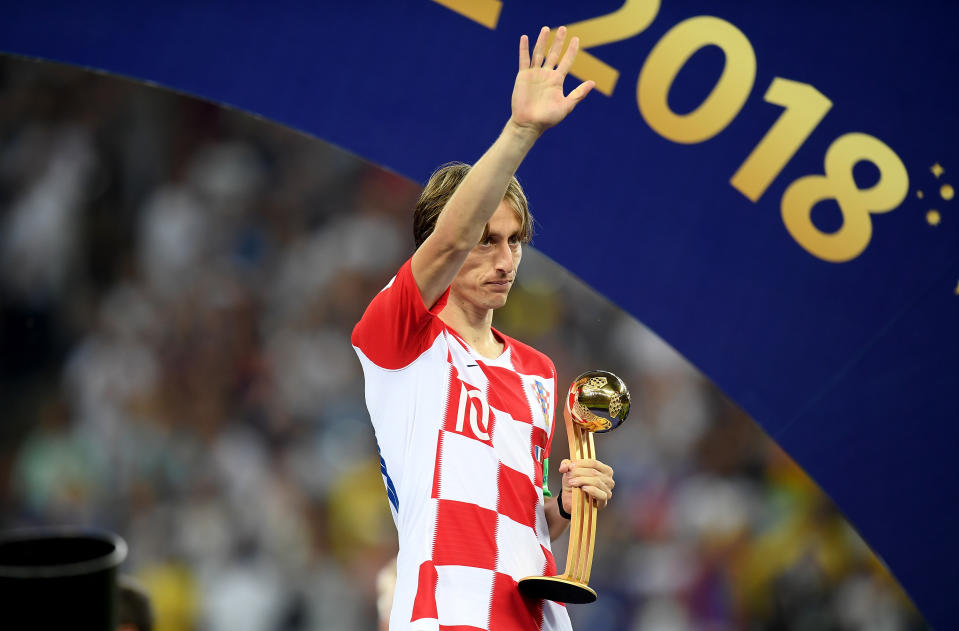 Luka Modric of Croatia poses with his Golden Ball award after the 2018 FIFA World Cup Final between France and Croatia at Luzhniki Stadium on July 15, 2018 in Moscow, Russia. (Getty Images)