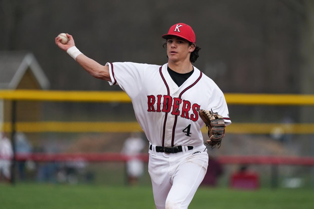 Kent Roosevelt junior shortstop Donovan Daetwyler makes a throw to first base off a ground ball hit during Wednesday night’s game against Cuyahoga Falls at Kent Roosevelt High School.