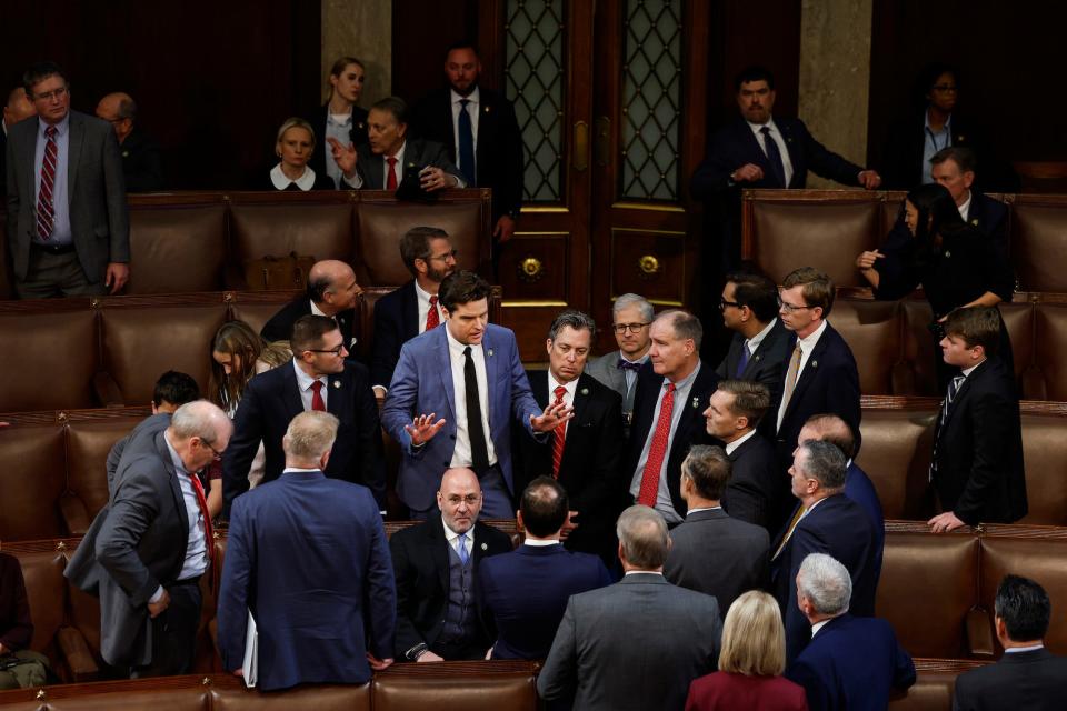 Republican Rep. Matt Gaetz of Florida talks to fellow members-elect during the second day of elections for Speaker of the House at the US Capitol Building on January 4, 2023 in Washington, DC.