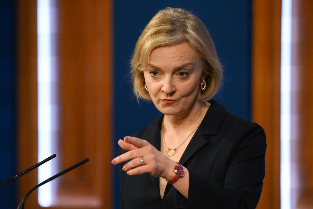 Prime Minister Liz Truss during a press conference in the briefing room at Downing Street, London. Picture date: Friday October 14, 2022.