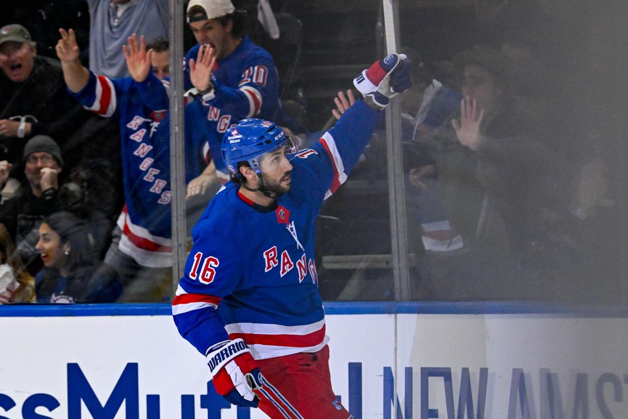 Apr 23, 2024; New York, New York, USA; New York Rangers center Vincent Trocheck (16) celebrates his goal against the Washington Capitals during the first period in game two of the first round of the 2024 Stanley Cup Playoffs at Madison Square Garden.