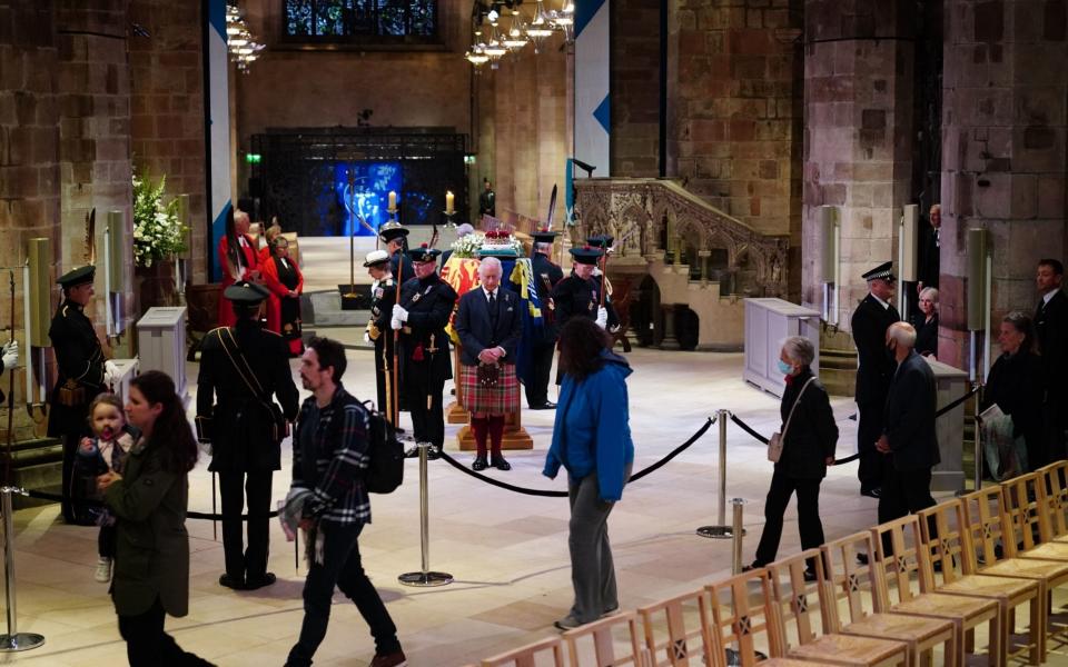 King Charles, Princess Anne, Prince Andrew and Prince Andrew hold a vigil for their late mother at St Giles's Cathedral in Edinburgh - PA