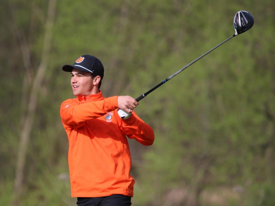 Brighton's Levi Pennala shot 75 to tie for fifth in the Black/Green/Gold/Orange Invitational Thursday, April 18, 2024 at Kensington Metropark Golf Course.