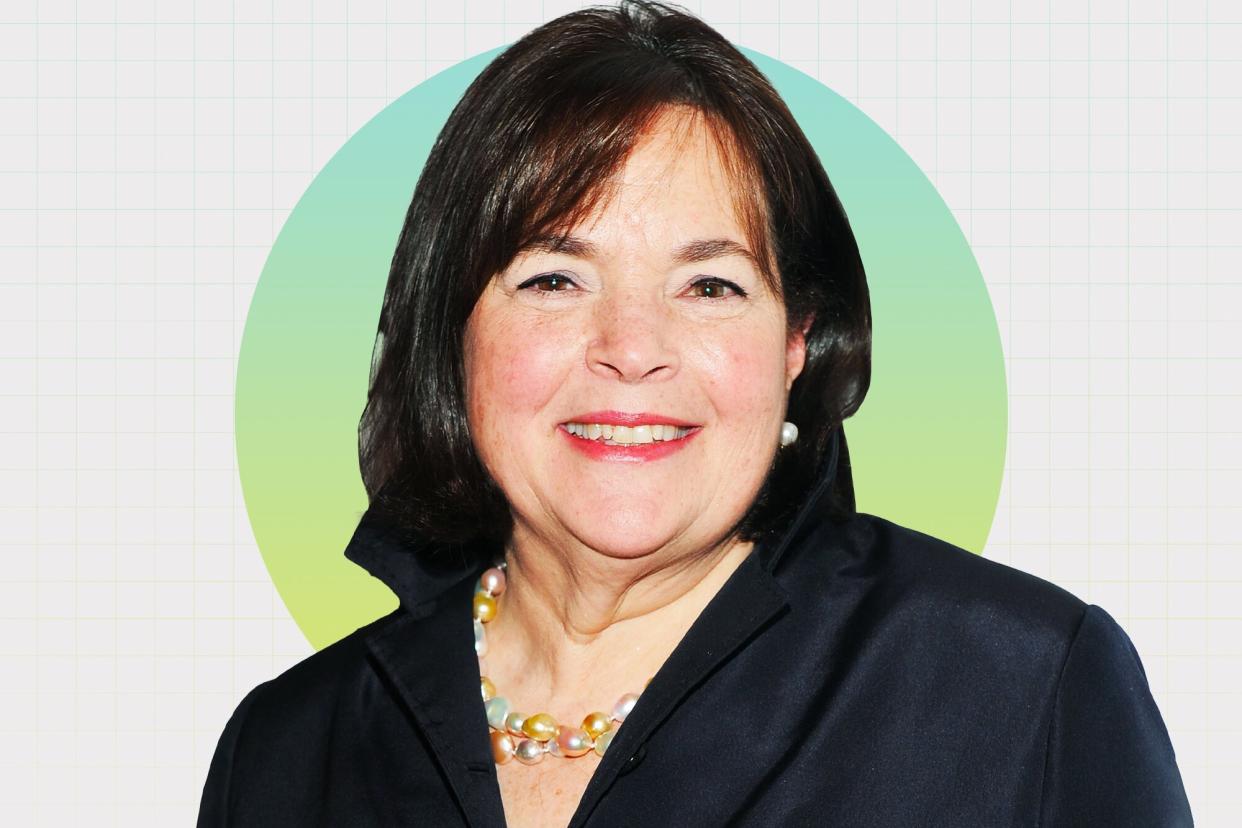 Ina Garten on a designed background