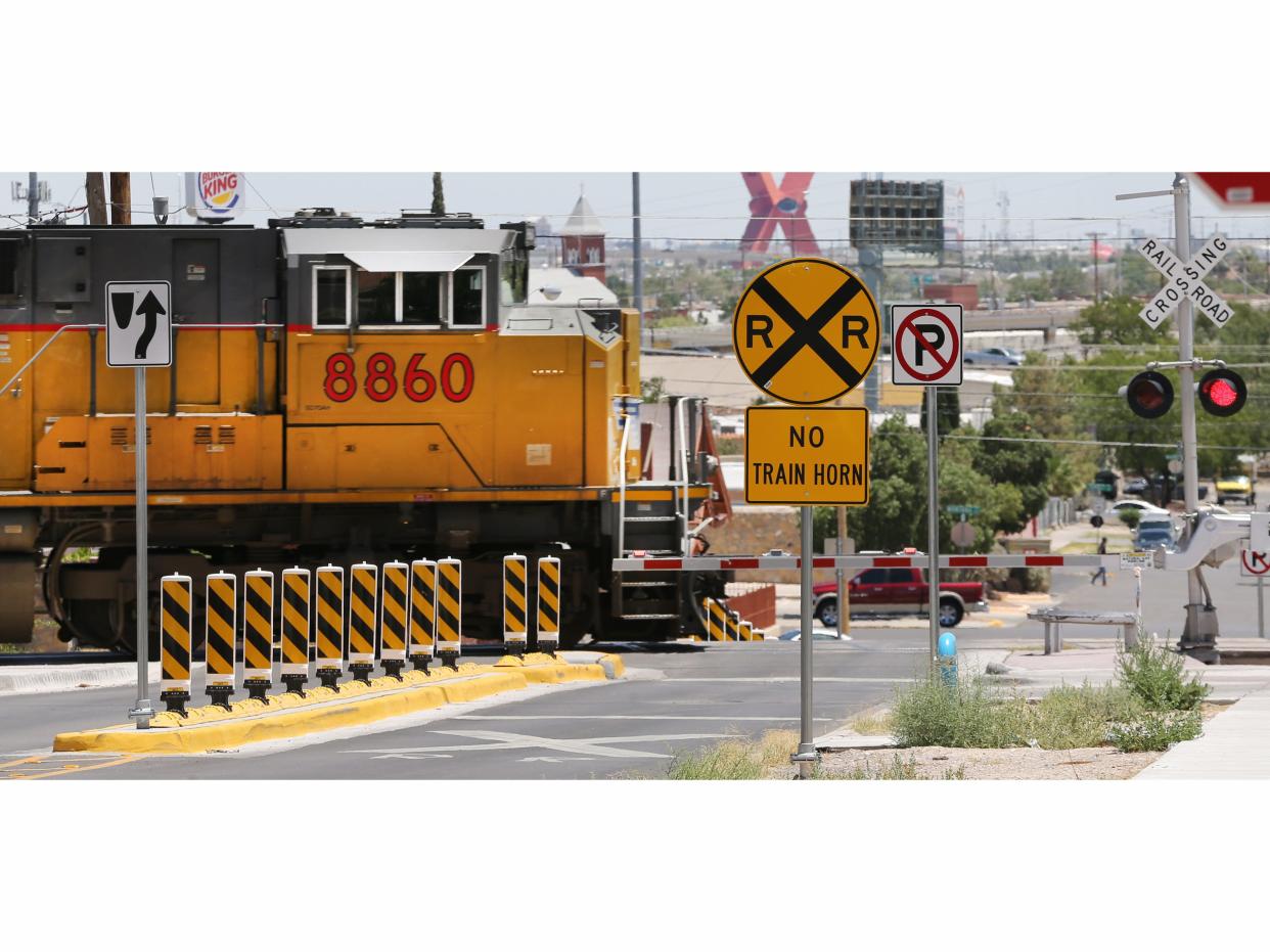 July 7, 2016: A train heads west on the tracks at Rosewood Street west of North Piedras Street in Five Points. The Five Points Quiet Zone has been completed and includes upgrades and new medians, including this one on Rosewood. Former crossing points at Maple, Birch and Cedar streets had permanent barriers installed to reduce traffic. Railroad officials notified personnel not to sound their train horns in the area, unless it is necessary for safety.