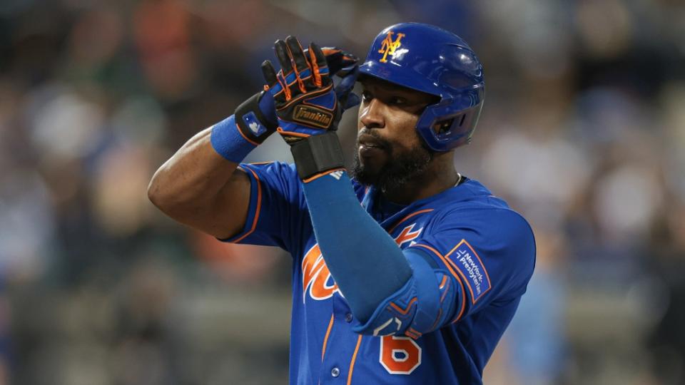 New York Mets right fielder Starling Marte (6) reacts after hitting a single during the fourth inning against the Tampa Bay Rays.