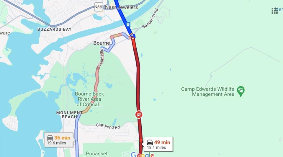 Google Maps shows traffic approaching the Bourne Bridge worsening around 12 p.m.