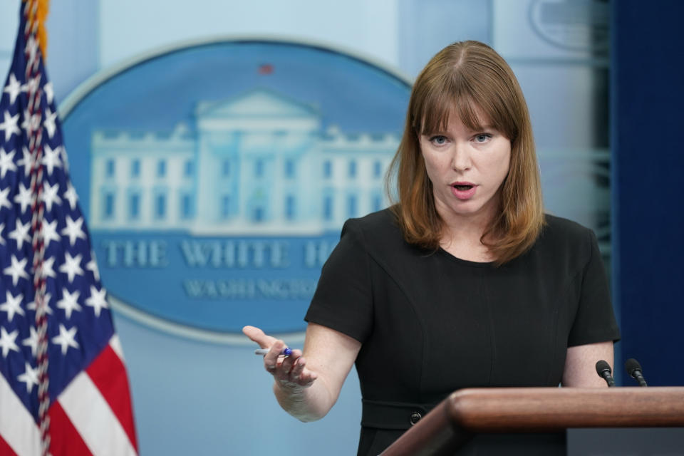 White House communications director Kate Bedingfield speaks during a press briefing at the White House, Thursday, March 31, 2022, in Washington. (AP Photo/Patrick Semansky)