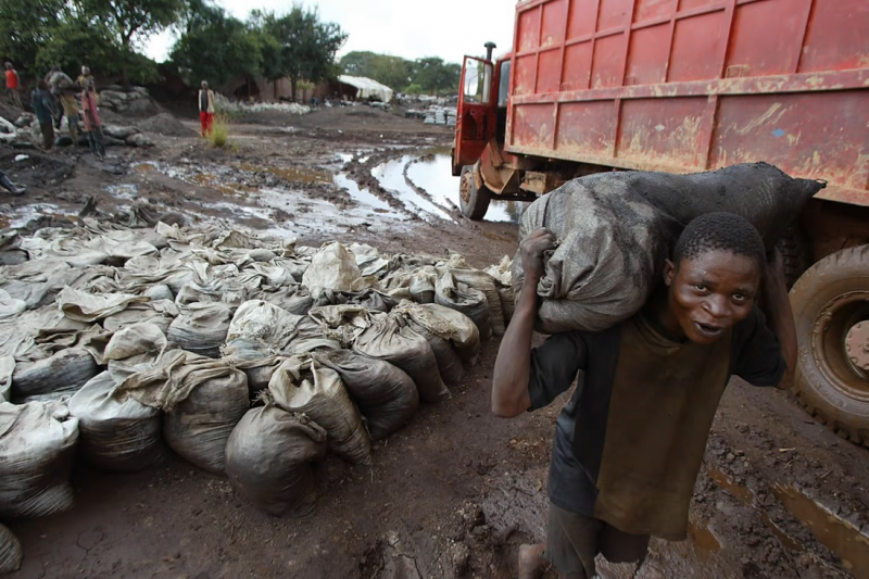 <cite>剛果民主共和國的一名工人正在運送鈷礦（美聯社）</cite>