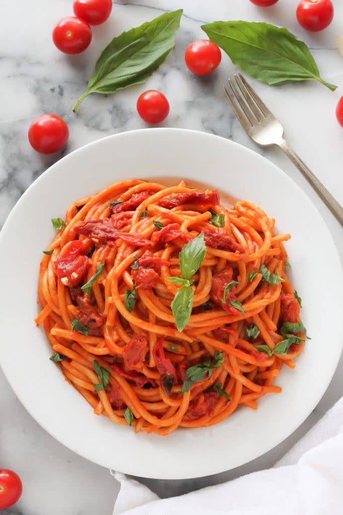 <p>When in doubt, stick to the simplest ingredients possible.</p><p>Get the recipe from <a rel="nofollow noopener" href="http://bakerbynature.com/one-pan-tomato-basil-pasta/" target="_blank" data-ylk="slk:Baker by Nature;elm:context_link;itc:0;sec:content-canvas" class="link ">Baker by Nature</a>.</p>