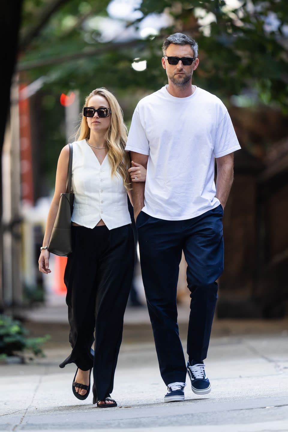 new york, new york august 22 jennifer lawrence l and cooke maroney are seen in the upper west side on august 22, 2023 in new york city photo by gothamgc images