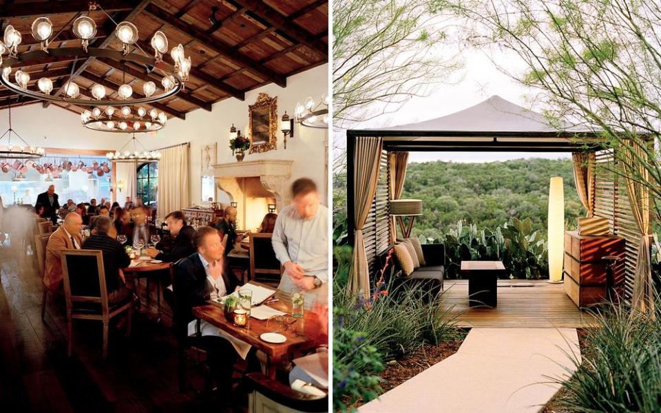 From left: Signature, the formal restaurant at La Cantera Resort & Spa, close to San Antonio, emphasizes Hill Country produce and Gulf Coast seafood; one of the three outdoor private treatment cabanas at La Cantera’s Loma de Vida Spa.