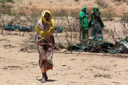 An internally displaced woman walks through a camp on the outskirts of the town of Qol Ujeed, on the border with Ethiopia, Somaliland April 17, 2016. REUTERS/Siegfried Modola