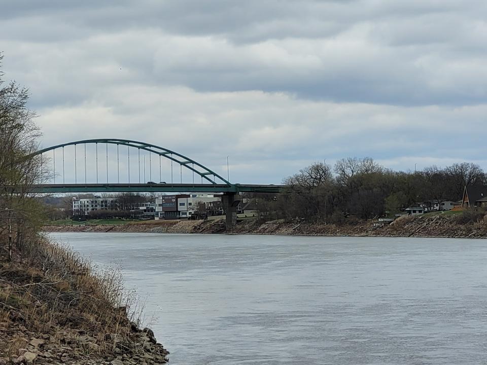 The mighty Missouri River flows past Sioux City on April 22, 2023.