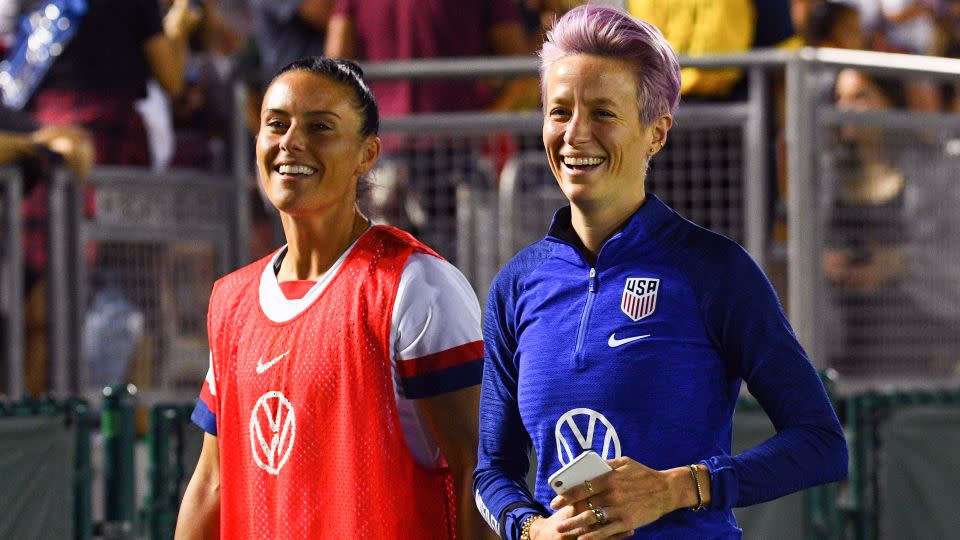 USA defender Ali Krieger (11) and USA forward Megan Rapinoe (15) walk off the field at half time during the USA Victory Tour match between the United States of America and the Republic of Ireland on August 3, 2019, at the Rose Bowl in Pasadena, CA. - Brian Rothmuller/Icon Sportswire/AP