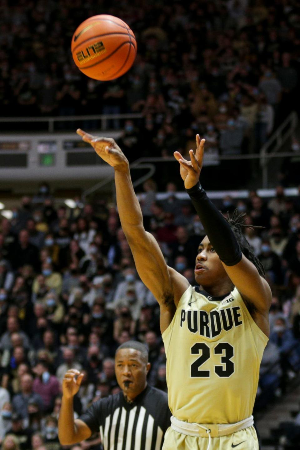 Purdue guard Jaden Ivey (23) goes up for a three-pointer during the second half of an NCAA men's basketball game, Tuesday, Nov. 30, 2021 at Mackey Arena in West Lafayette.
