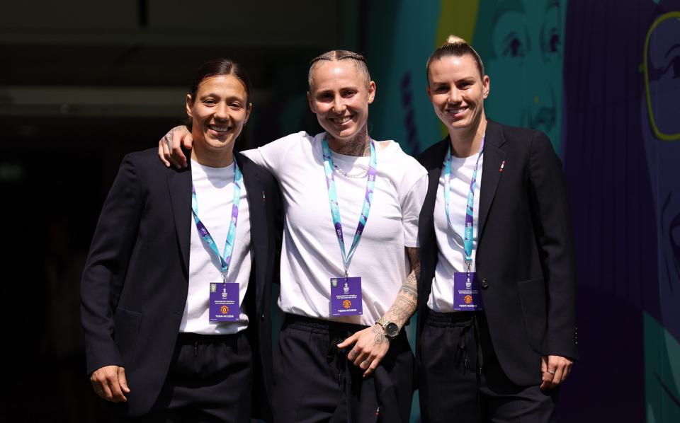 The Manchester United trio of Rachel Williams, Leah Galton and Gemma Evans pose for photos at Wembley