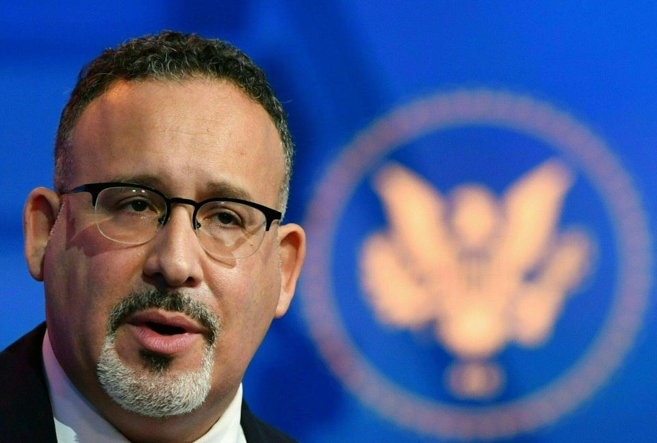 Dr. Miguel Cardona, US President-Elect Joe Biden's nominee for Education Secretary, speaks during an event announcing his nomination at The Queen in Wilmington, Delaware, on December 23, 2020. (Photo by Nicholas Kamm / AFP) (Photo by NICHOLAS KAMM/AFP via Getty Images)