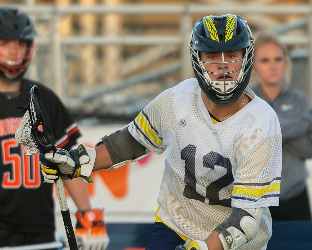 Hartland's Jacob Ross drives to the center of the field during a victory over Brighton Wednesday, May 8, 2024.