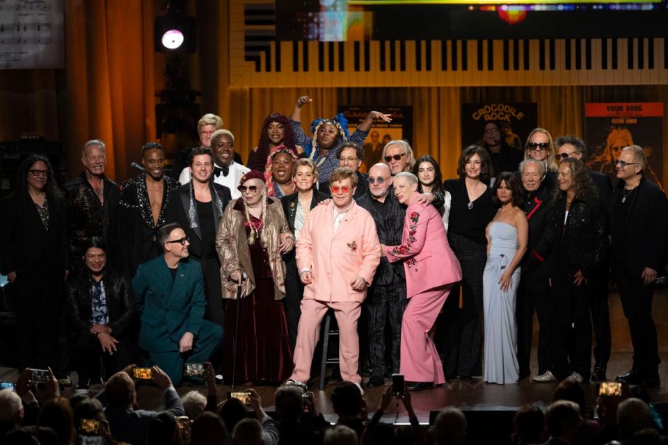 2024 Library of Congress Gershwin Prize for Popular Song honorees Elton John and Bernie Taupin are surrounded by the artists who performed in the Gershwin Prize tribute concert (Copyright 2024 The Associated Press. All rights reserved)