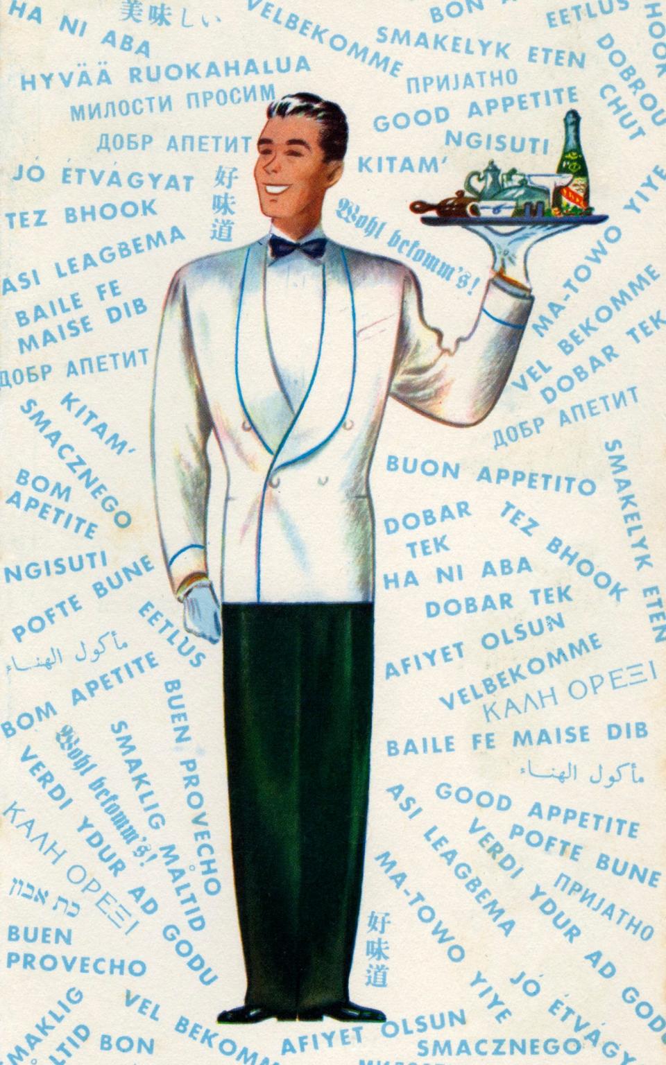 Pan Am's onboard menu from c.  1950 shows a waiter serving food and drinks