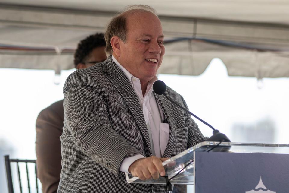 Detroit Mayor Mike Duggan speaks during the Ralph C. Wilson, Jr. Centennial Park groundbreaking along Detroit's West Riverfront on Tuesday, May 10, 2022.