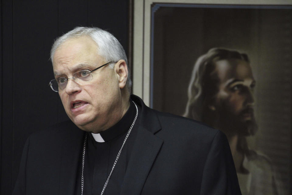 Catholic Bishop Andrew Bellisario speaks at a news conference Thursday, Jan. 16, 2020, in Anchorage, Alaska, announcing a review commissioned by the Archdiocese of Anchorage found credible evidence of sexual misconduct by 14 people who served in the archdiocese dating to 1966. The commission was charged with reviewing personnel files of "clerics and religious men and women" who served in the archdiocese dating to 1966, as well as reviewing allegations of sexual misconduct of lay volunteers and employees reported to the archdiocese. (AP Photo/Mark Thiessen)