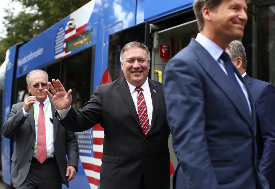 U.S. Secretary of State Mike Pompeo takes part in the launch of the U.S.-Austria Friendship Tram at Ring tram stop in Vienna Austria, Friday Aug. 14, 2020. Pompeo is on a five-day visit to central Europe. (Lisi Niesner/Pool via AP)