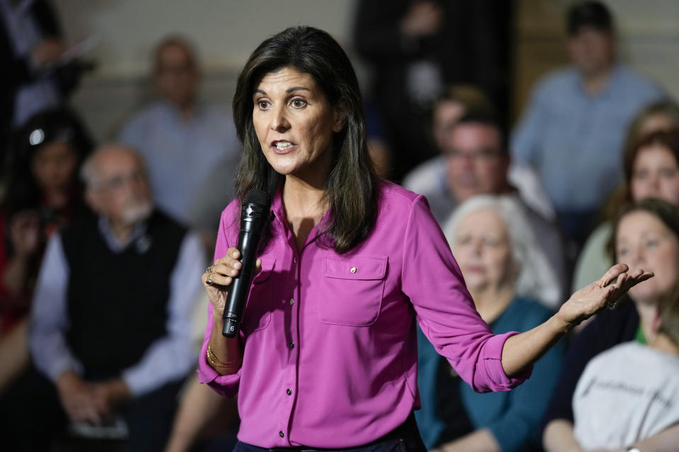 FILE - Republican presidential candidate and former U.N. Ambassador Nikki Haley speaks during a town hall campaign event, May 17, 2023, in Ankeny, Iowa. Haley has been rising with donors and voters thanks in part to strong debate performances and the campaign's increased focus on foreign policy. That's come partly at the expense of Florida Gov. Ron DeSantis. But donors and voters seeking an alternative to former President Donald Trump haven't fully coalesced around Haley. (AP Photo/Charlie Neibergall, File)