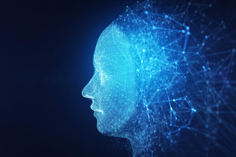 Side face of AI robot by network wire form.