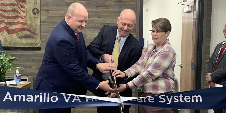 The new Childress VA Clinic opened the doors of its new location on May 9. Located on Avenue F, the new clinic sports 3,000 square feet of administrative and clinical space to provide world class health care to area Veterans. Cutting the ribbon, from left to right, are Amarillo VA Health Care System Director Rodney Gonzalez, M.D.; Outpatient Clinics Assistant Director Michael Lucas; and Childress VA Clinic Nurse Practitioner Leeann Preston.