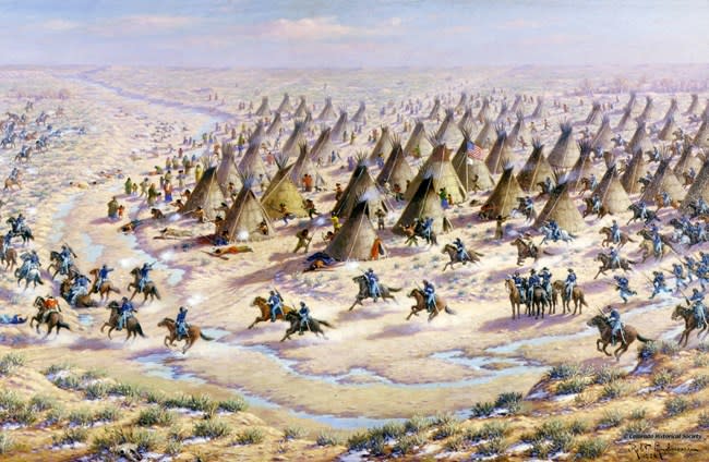 Robert Lindneaux portrays his concept of the Sand Creek Massacre. (Photo/Courtesy of History Colorado H.6130.37)