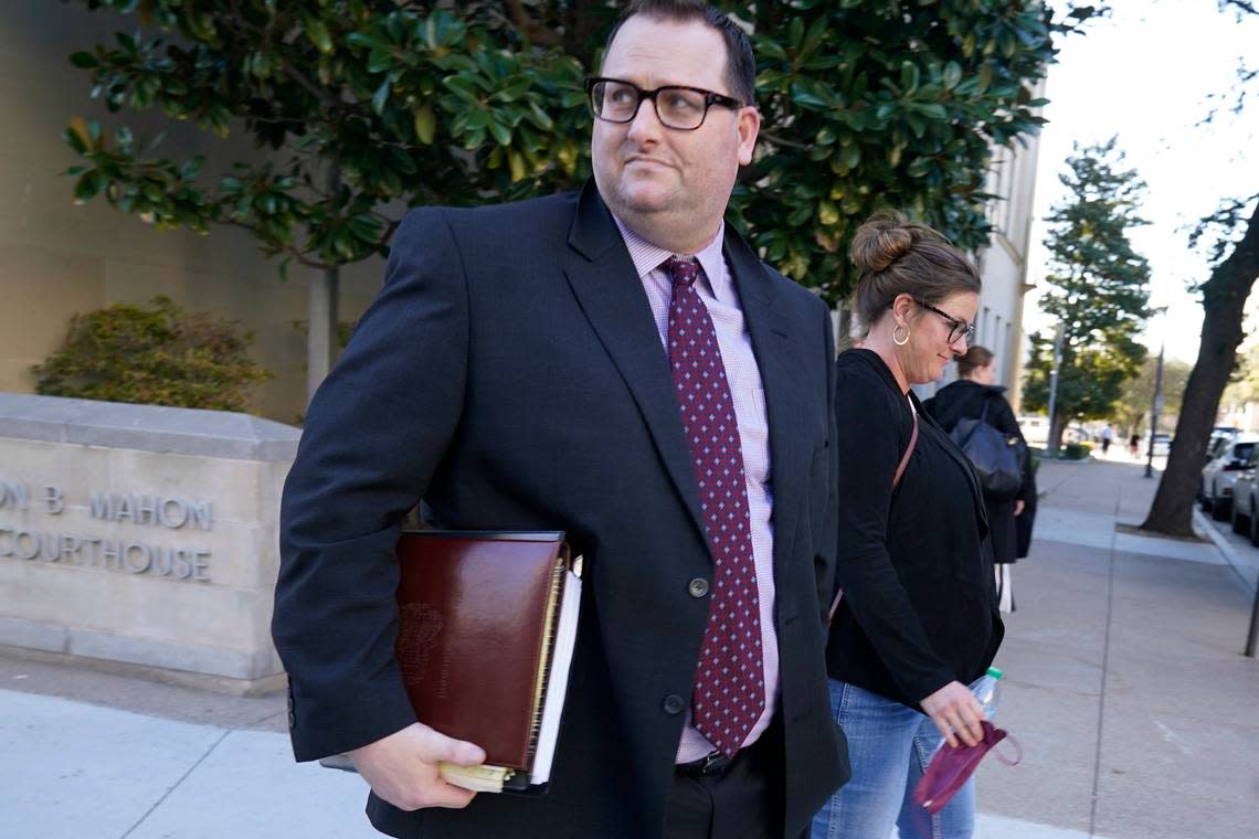 FILE - Former Los Angeles Angels employee Eric Kay walks out of federal court on Feb. 15, 2022, in Fort Worth, Texas, where he is on trial for federal drug distribution and conspiracy charges. Kay was sentenced to 22 years in federal prison on Tuesday, Oct. 11, 2022, for providing Angels pitcher Tyler Skaggs the drugs that led to his overdose death in Texas. (AP Photo/LM Otero, File)