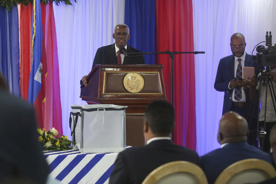 Edgard Leblanc Fils speaks after the transitional council named him president of the council in Port-au-Prince, Haiti, Tuesday, April 30, 2024. The transitional council will act as the country’s presidency until it can arrange presidential elections sometime before it disbands, which must be by February 2026. (AP Photo/Odelyn Joseph)