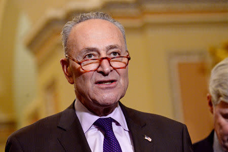 FILE PHOTO: Senate Minority Leader Chuck Schumer (D-NY) speaks with reporters following a policy luncheon in Washington, U.S. March 12, 2019. REUTERS/Erin Scott/File Photo