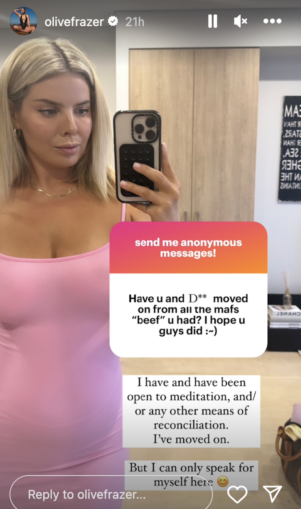 Olivia Frazer instagram story dom feud 