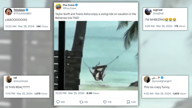 Fact Check: Taylor Swift and Travis Kelce Were Supposedly Recorded Falling  Off Swing In Bahamas. Here's the Truth - Yahoo Sports