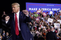 President Donald Trump dances after a campaign rally at Pensacola International Airport, Friday, Oct. 23, 2020, in Pensacola, Fla. (AP Photo/Evan Vucci)