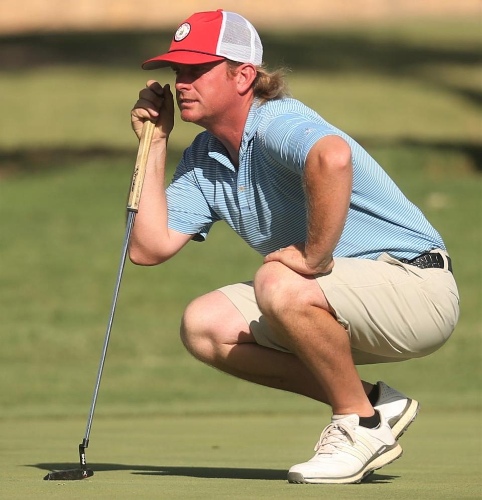 Logan Philley gets ready to putt on the 16th hole during Round 2 of the San Angelo Country Club Men's Partnership golf tournament on Friday, June 24, 2022. Philley is a former Robert Lee High School standout who played collegiately at Odessa College and the University of Kansas. He is paired with Brett Womack this weekend.