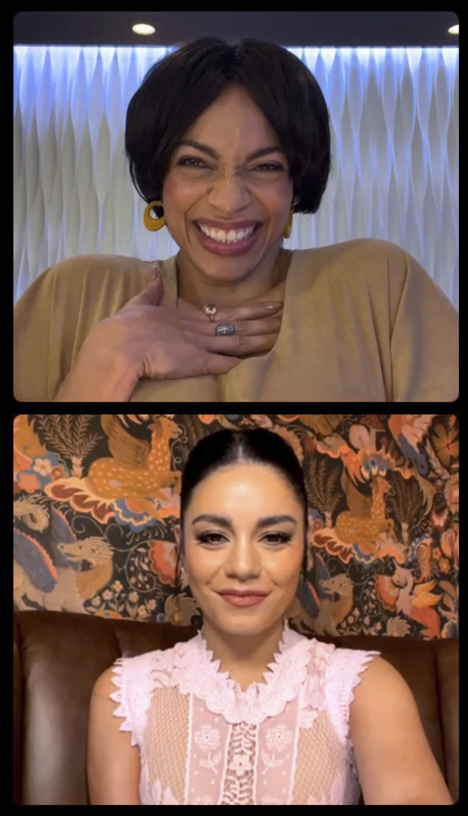 In this video grab issued Wednesday, Jan. 12, 2022 by the SAG Awards, Rosario Dawson, top, and Vanessa Hudgens, bottom, present the nominees for the 28th SAG Awards. This year's awards are scheduled for Feb. 27. (SAG Awards via AP)