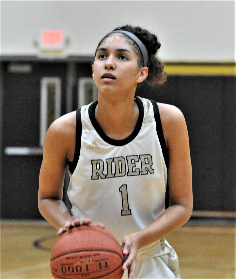 Rider's Jalynn Bristow shoots a free throw at the foul line against Wichita Falls High on Tuesday, February 1, 2022 at Rider.