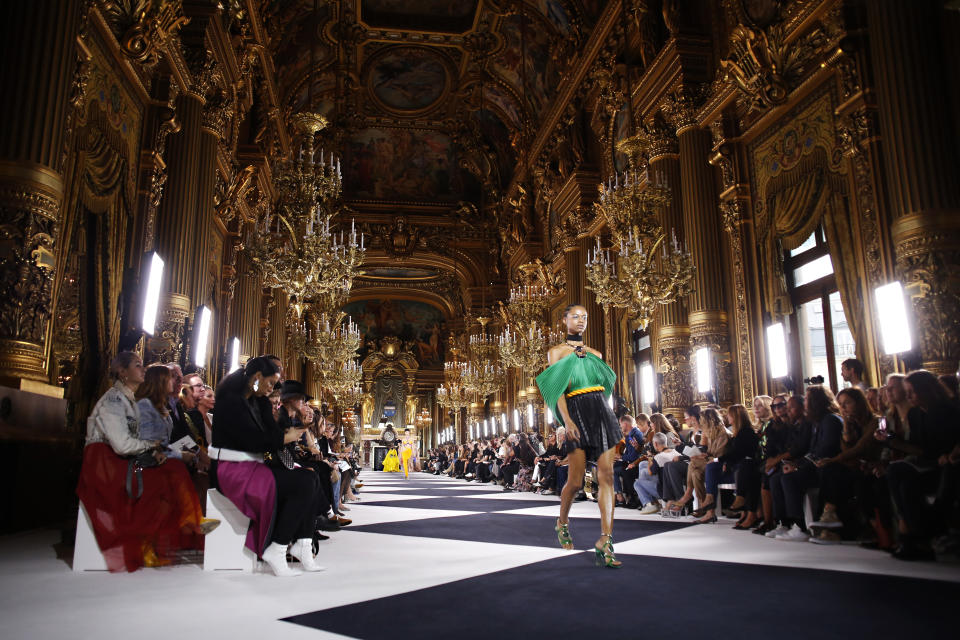 A model wears a creation as part of the Balmain Ready To Wear Spring-Summer 2020 collection, unveiled during the fashion week, in Paris, Friday, Sept. 27, 2019. (AP Photo/Thibault Camus)