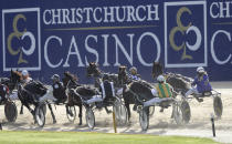 The field in race one take the first bend at the Addington Raceway in Christchurch, New Zealand, Thursday, May 28, 2020 in Christchurch, New Zealand, Thursday, May 28, 2020. New Zealand's financially troubled horse racing industry has reopened Thursday after being shuttered for weeks because of the coronavirus outbreak, leading the return of organized sports as the nation moves toward normality. A harness racing meeting which took place without fans at the Addington racecourse in Christchurch was the first since New Zealand went into strict lockdown on March 24. (AP Photo/Mark Baker)