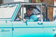 <p>Miles Teller rides with the windows down in his bright blue Ford Bronco after a workout in Los Angeles on Thursday. </p>