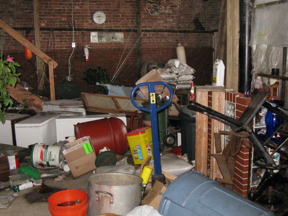 This Nov. 29, 2012 photo provided by Pier Glass shows the dammage, and the flood line on the wall at Pier Glass in Red Hook, Brooklyn, New York. It is among hundreds of galleries, art studios and artists facing tens of thousands of dollars in repair and renovation from the damaging force of the Oct. 29 superstorm, Sandy. (AP Photo/Pier Glass, Mary Ellen Buxton-Kutch)