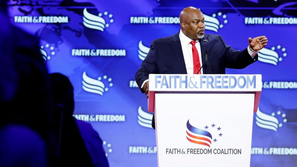 PHOTO: In this June 21, 2024 file photo, North Carolina Lieutenant Governor Mark Robinson speaks at the Faith and Freedom Road to Majority Conference at the Washington Hilton in Washington, DC (Anna Moneymaker/Getty Images, FILE)